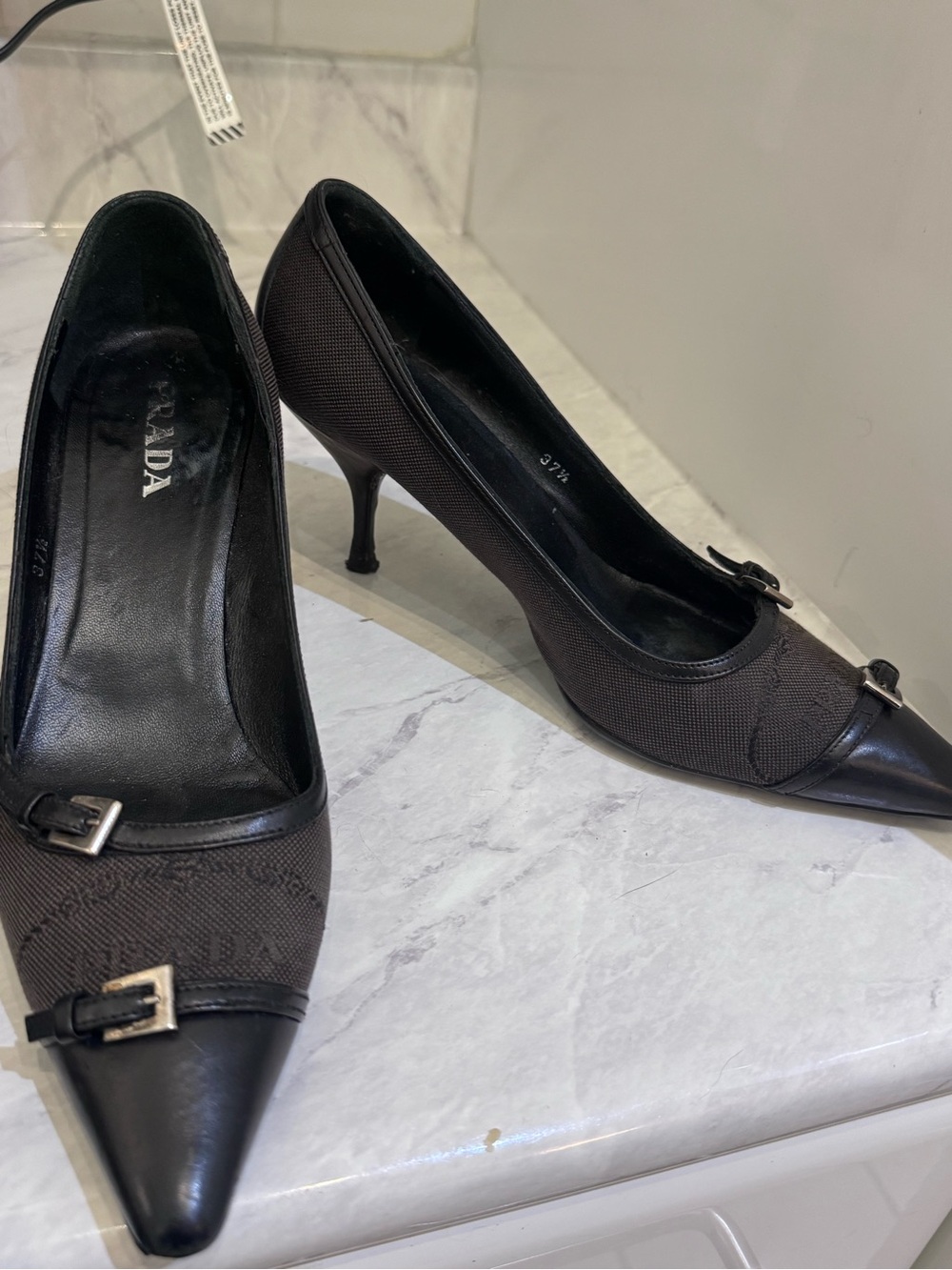 Prada Black Pointed-Toe Kitten Heel Pumps with Buckle Detail